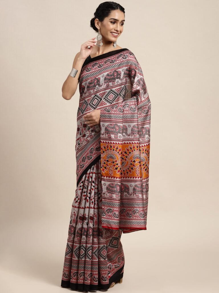 Grey & Maroon Warli Art Print Bhagalpuri Sarees