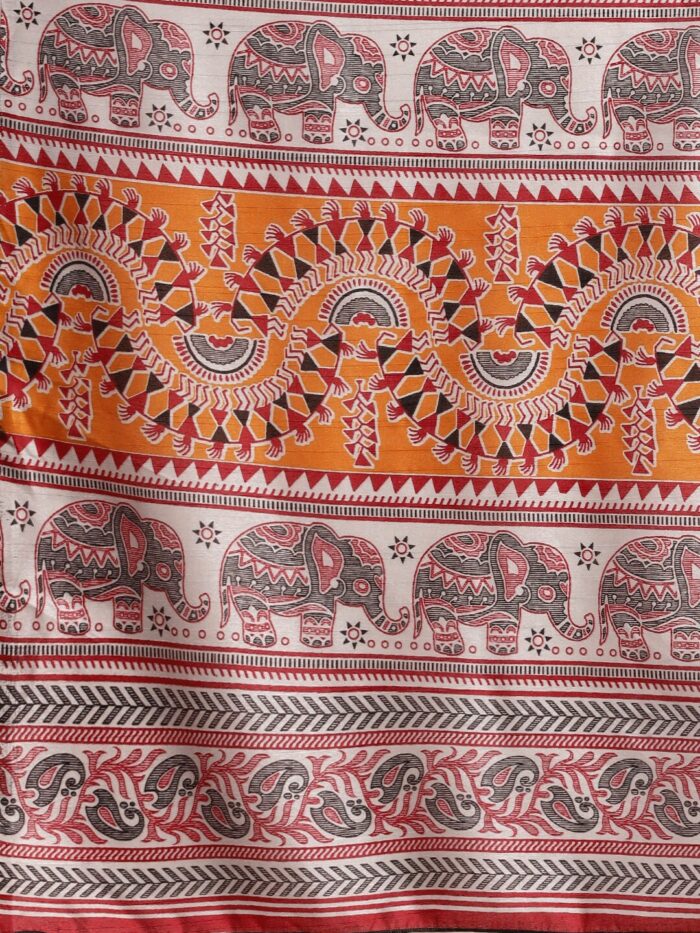 Grey & Maroon Warli Art Print Bhagalpuri Sarees