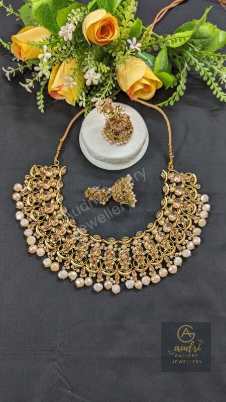Real Pearl and Stone Necklace Dops with Earrings Jewellery Set