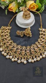 Real Pearl and Stone Necklace Dops with Earrings Jewellery Set