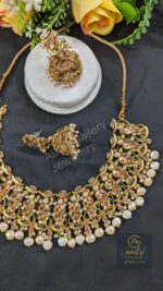 Real Pearl and Stone Necklace Dops with Earrings Jewellery Set