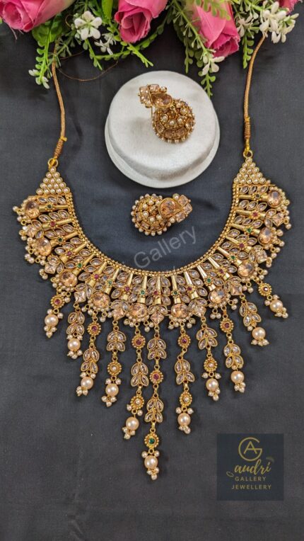 Real Stone Jhalar Necklace Dops with Earrings Jewellery Set