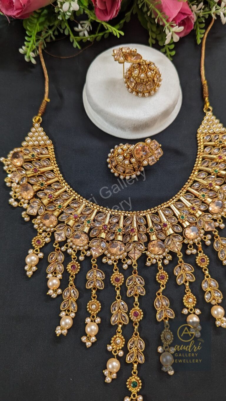 Real Stone Jhalar Necklace Dops with Earrings Jewellery Set