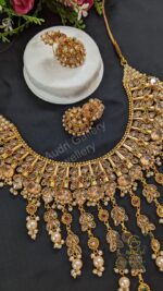 Real Stone Jhalar Necklace Dops with Earrings Jewellery Set