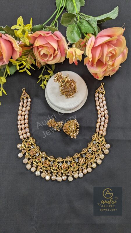 Golden Stone and Real Pearl Necklace Dops with Earrings Jewellery Set