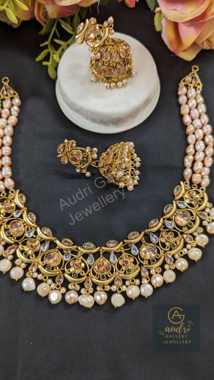 Golden Stone and Real Pearl Necklace Dops with Earrings Jewellery Set