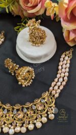 Golden Stone and Real Pearl Necklace Dops with Earrings Jewellery Set