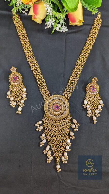 Stone and Real pearl Jhalar Sita Har Dops with Earrings Jewellery Set