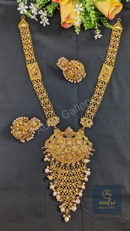 Golden Stone and Real pearl Jhalar Sita Har Dops with Earrings Jewellery Set