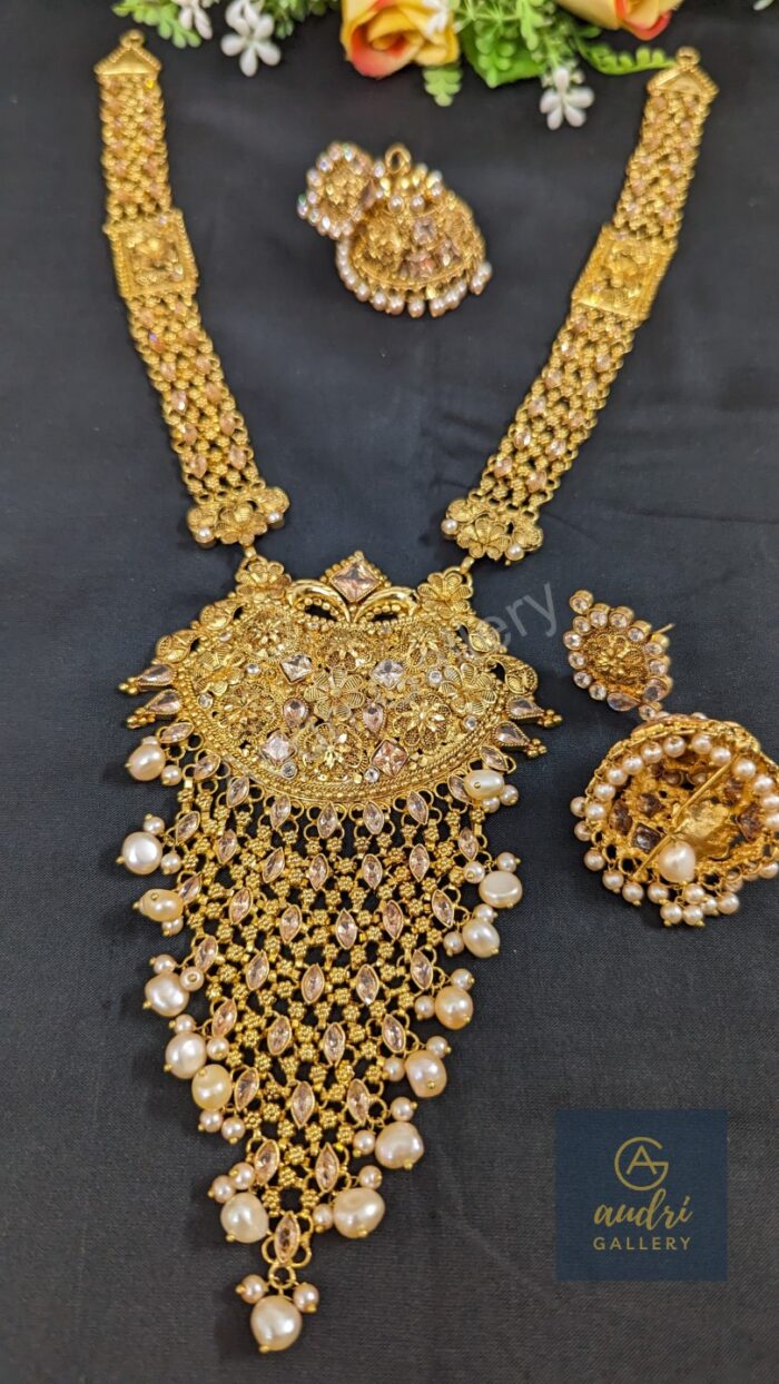 Golden Stone and Real pearl Jhalar Sita Har Dops with Earrings Jewellery Set