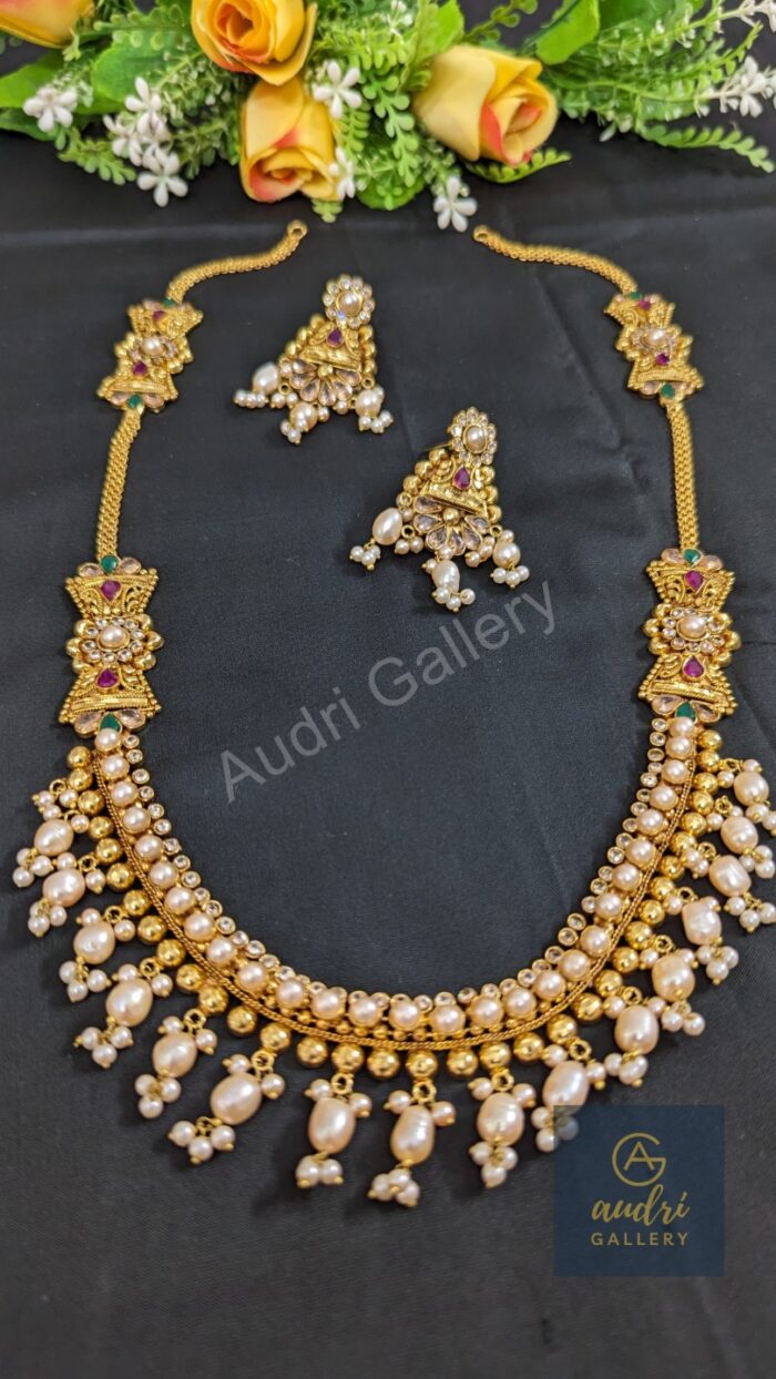 Gold-plated Real pearl Long Sita Dops with Earrings Jewellery Set