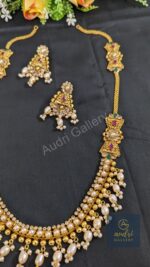 Gold-plated Real pearl Long Sita Dops with Earrings Jewellery Set