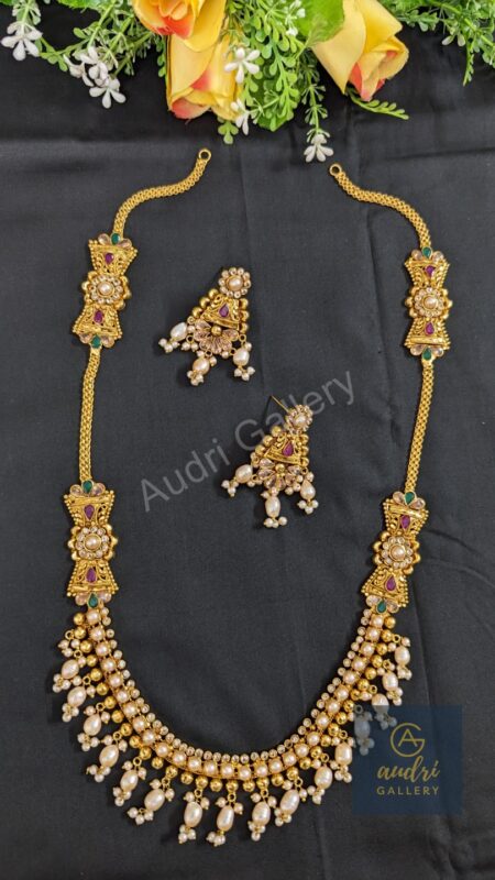 Gold-plated Real pearl Long Sita Dops with Earrings Jewellery Set