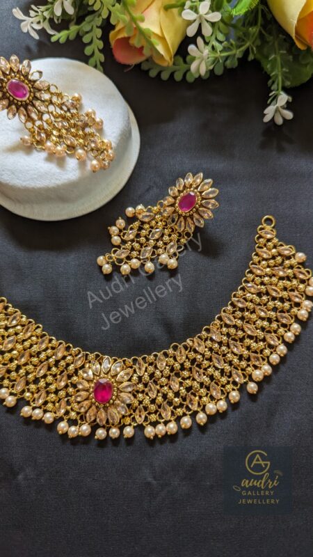 Jhalar Stone Necklace Dops with Earrings Jewellery Set