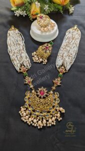 White Jhuri puti Short Sita with Real Pearl Drops and Earrings Jewellery Set-