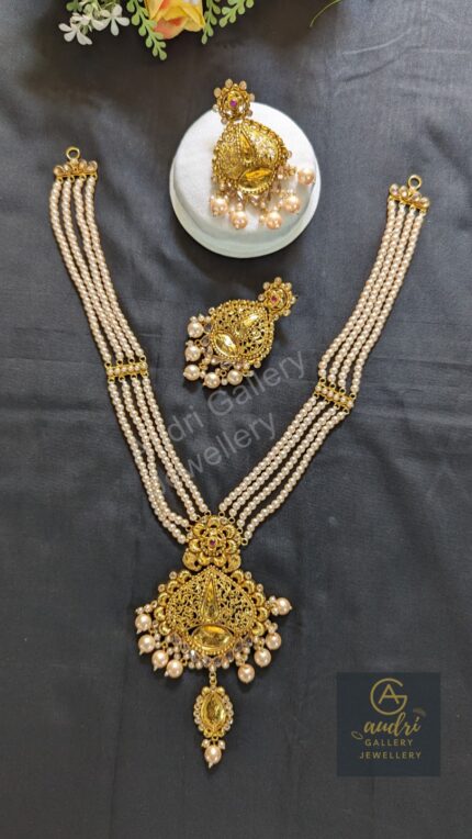White 4 Strand Pearl Gold-Plated Sita with Earrings Jewellery Set