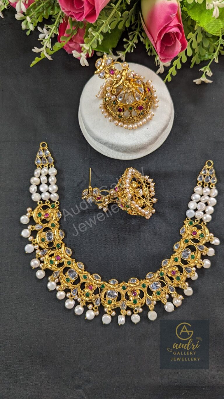 Katai Real Stone Pearl Necklace Dops with Earrings Jewellery Set