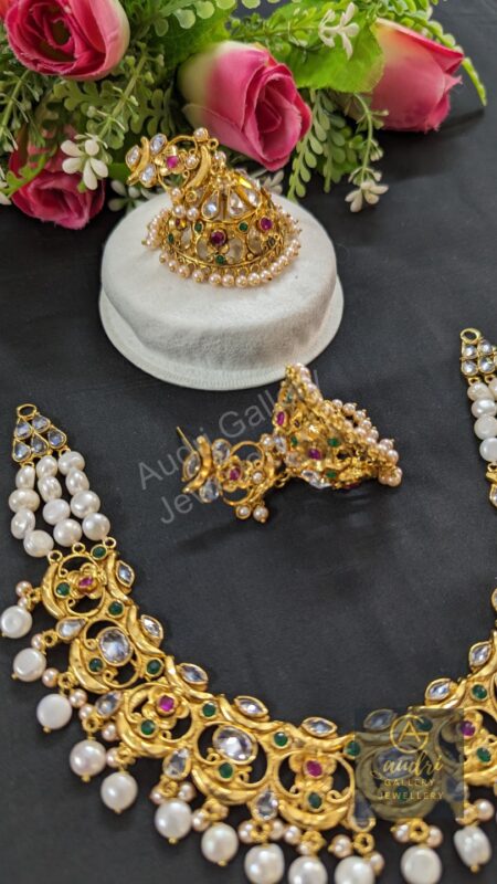 Katai Real Stone Pearl Necklace Dops with Earrings Jewellery Set
