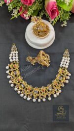 Katai Real Stone Pearl Necklace Dops with Earrings Jewellery Set