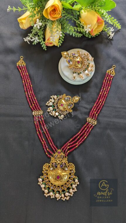 Red 4 Strand Gold-Plated Sitahar Real Pearl Drop with Earrings Jewellery Set