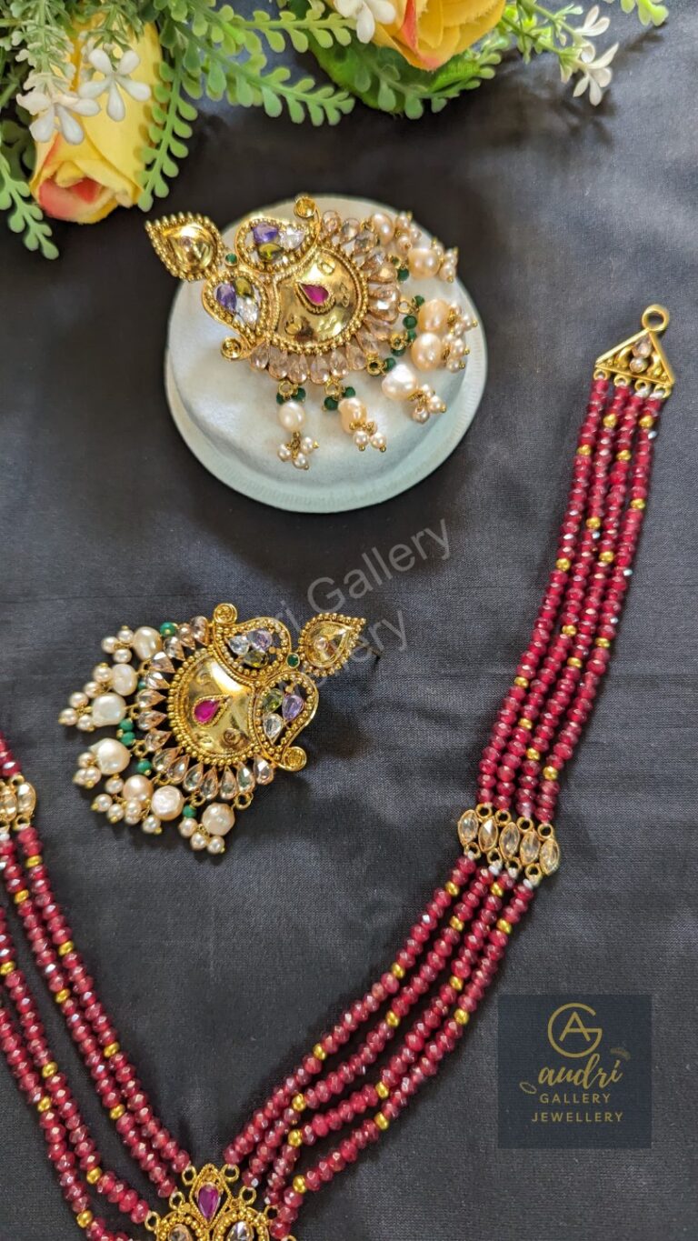 Red 4 Strand Gold-Plated Sitahar Real Pearl Drop with Earrings Jewellery Set