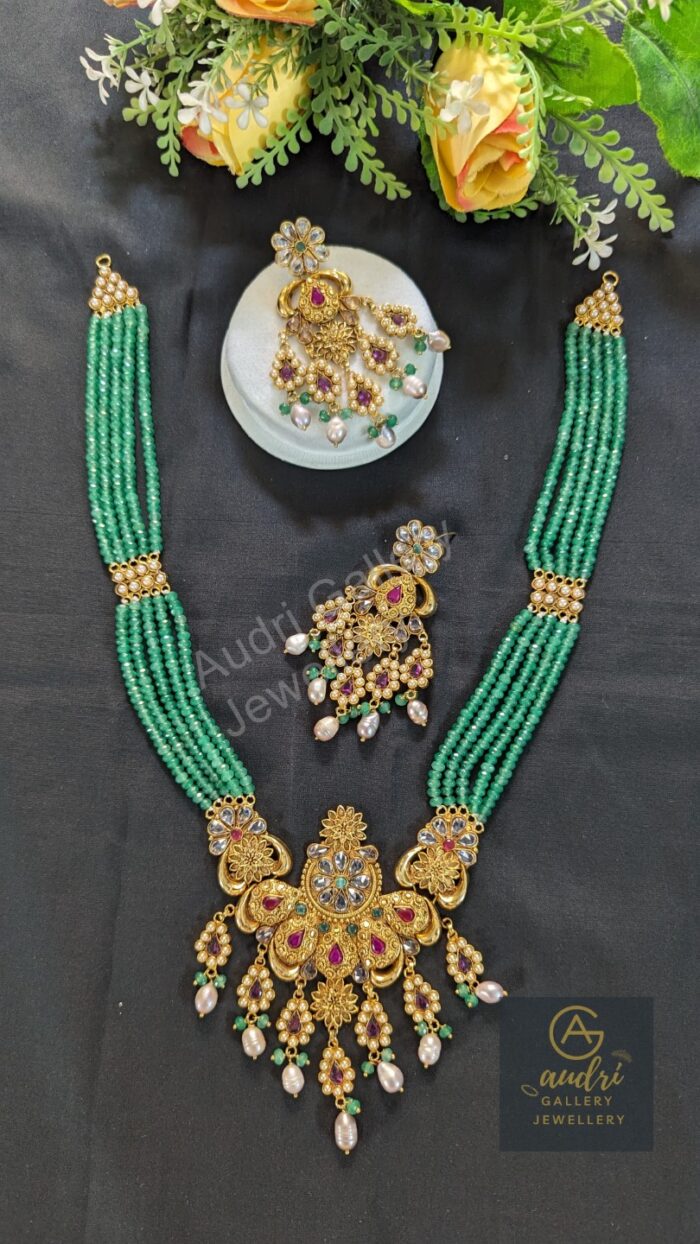 Green 5 Strand Gold-Plated Sitahar on Real Pearl Drop with Earrings Jewellery Set