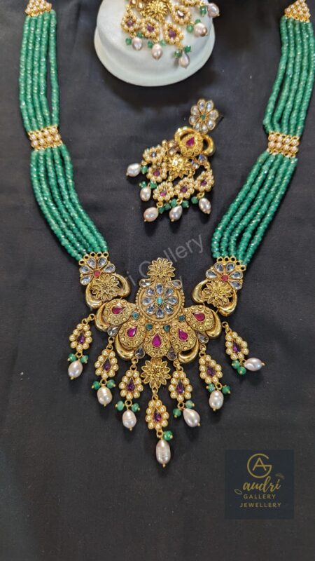 Green 5 Strand Gold-Plated Sitahar on Real Pearl Drop with Earrings Jewellery Set