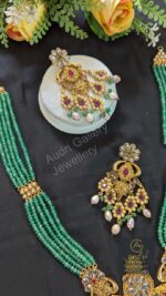 Green 5 Strand Gold-Plated Sitahar on Real Pearl Drop with Earrings Jewellery Set