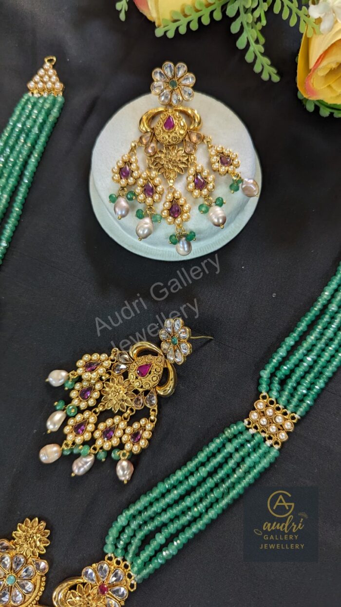 Green 5 Strand Gold-Plated Sitahar on Real Pearl Drop with Earrings Jewellery Set