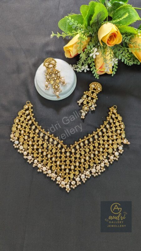 Gold-Plated Necklace with Real Pearl Drop and Earrings Jewellery Set
