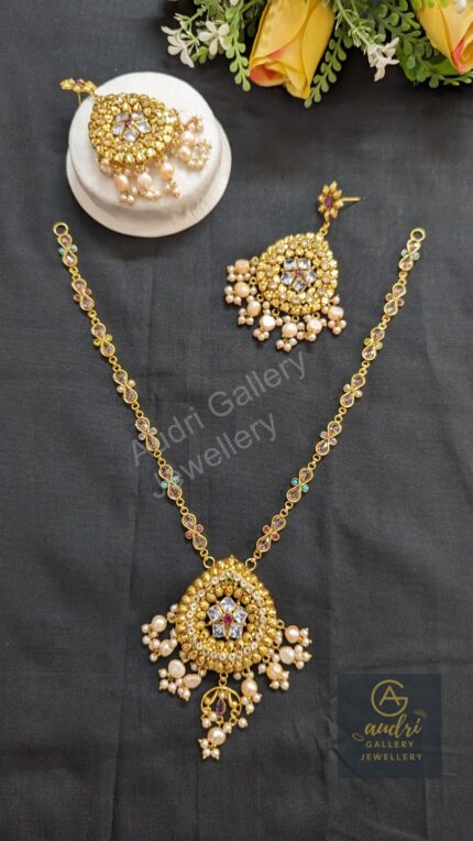 Short Stone Sita Har with Real Pearl Drop and Earrings Jewellery Set