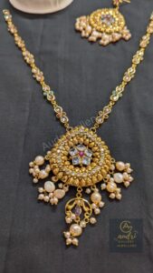 Short Stone Sita Har with Real Pearl Drop and Earrings Jewellery Set