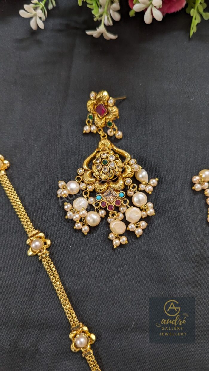 Short Sita with Real Pearl Dops and Earrings Jewellery Set