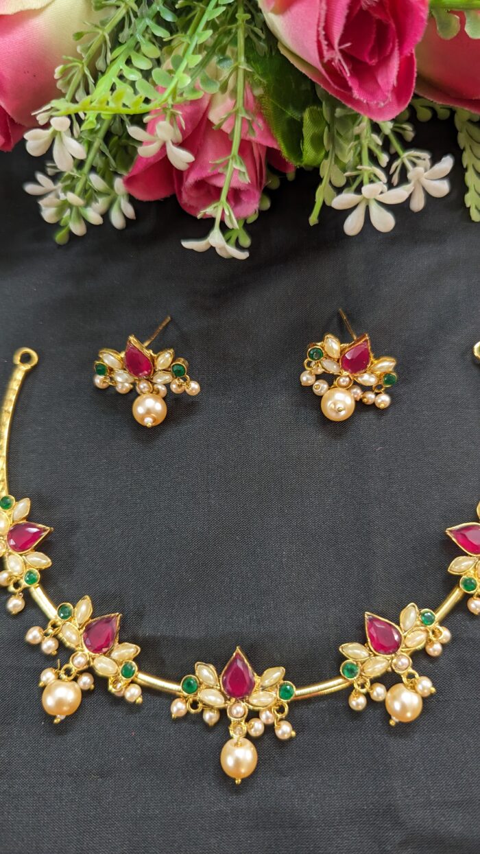 Pink Stone Hasuli Necklece and Earrings