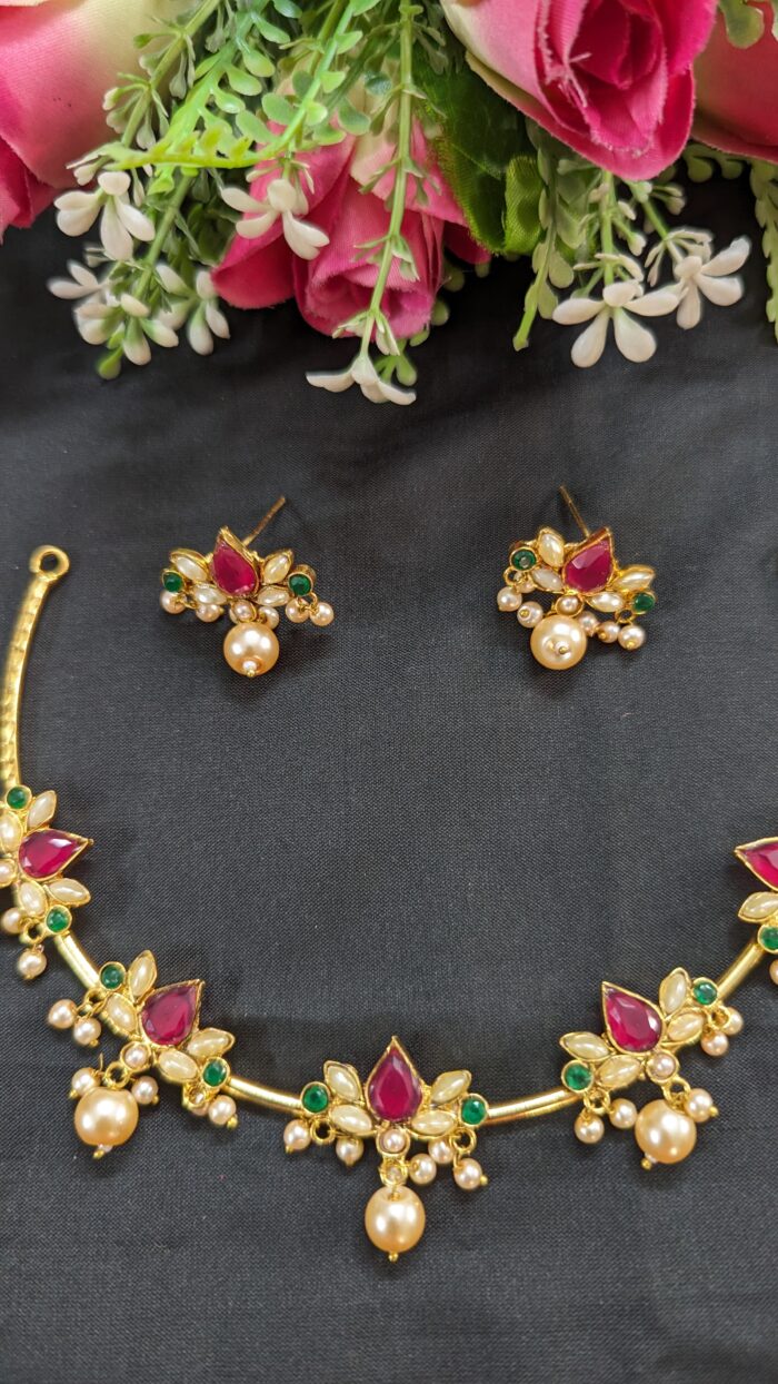 Pink Stone Hasuli Necklece and Earrings