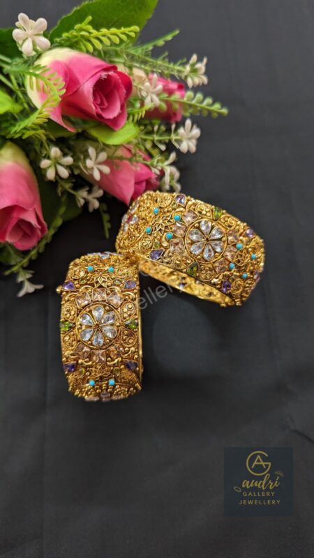 Multi Color Real Stone Studded Gold Plated Chur Set