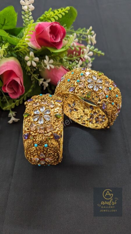 Multi Color Real Stone Studded Gold Plated Chur Set