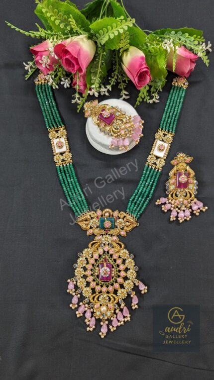 Green 5 Strand Gold-Plated Sitahar with Earrings