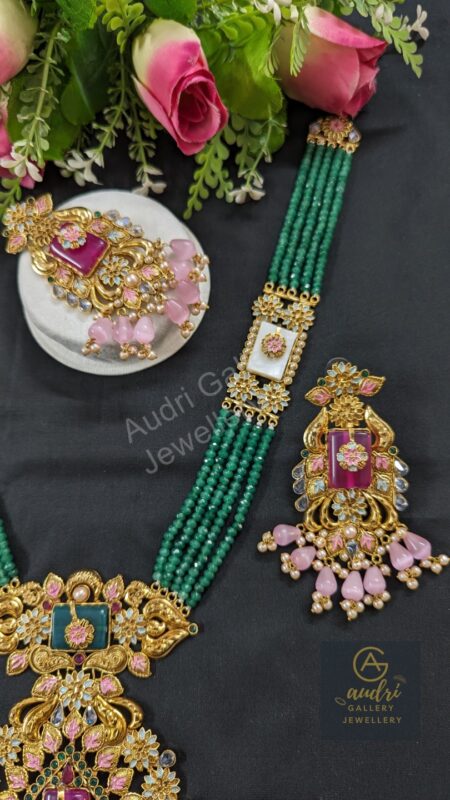 Green 5 Strand Gold-Plated Sitahar with Earrings
