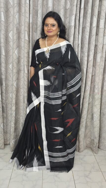 Black Body with White Par Monipuri Saree with Running Blouse Piece