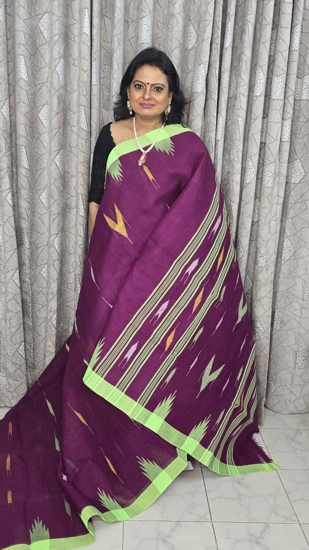 Purple Body with Litegreen Par Monipuri Saree with Running Blouse Piece