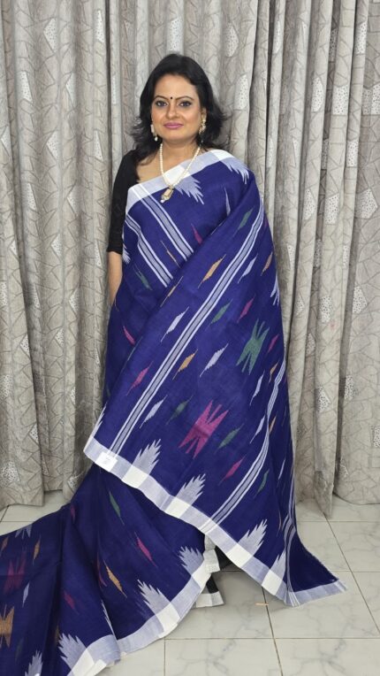 Blue Body with White Par Monipuri Saree with Running Blouse Piece