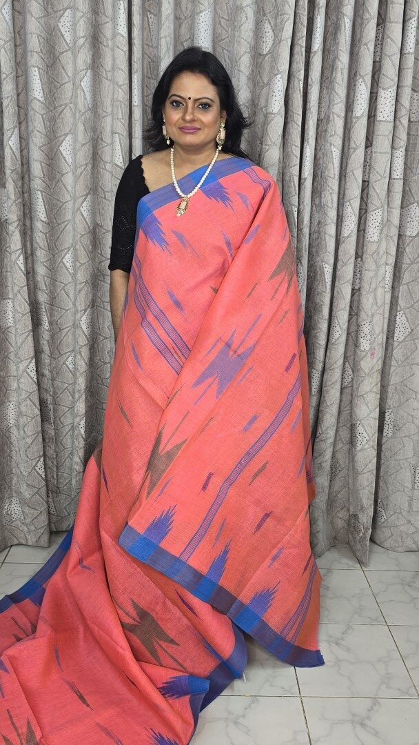 Pink Body with Blue Par Monipuri Saree with Running Blouse Piece