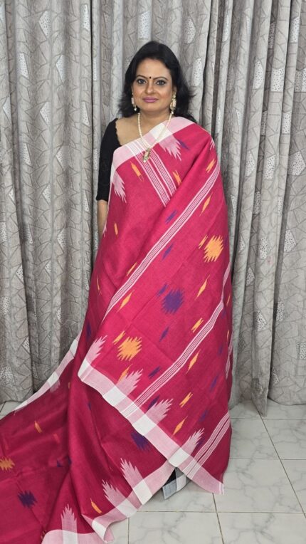 Megenta Body with White Par Monipuri Saree with Running Blouse Piece