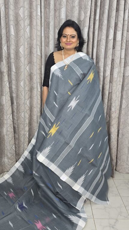 Ash Body with White Par Monipuri Saree with Running Blouse Piece