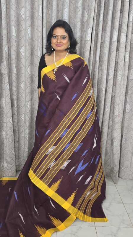 Chocolate Color Body with Yellow Par Monipuri Saree with Running Blouse Piece