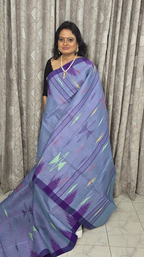 Skyblue Body with Purple Par Monipuri Saree with Running Blouse Piece