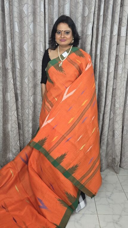 Orange Body with Green Par Monipuri Saree with Running Blouse Piece