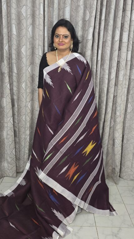 Chocolate Color Body with White Par Monipuri Saree with Running Blouse Piece