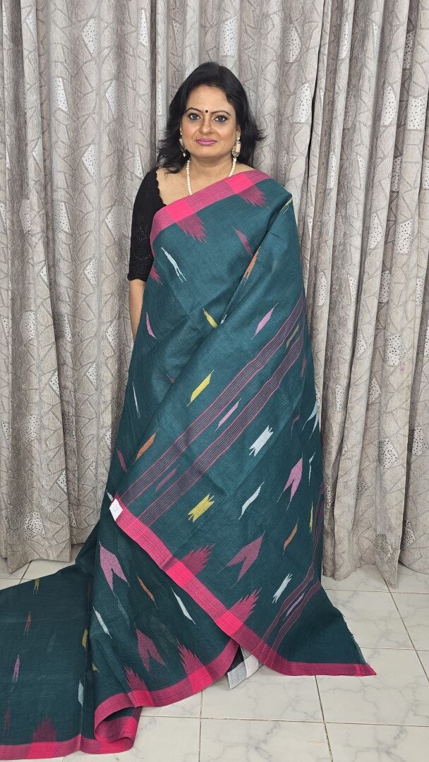 Seagreen Body with Pink Par Monipuri Saree with Running Blouse Piece